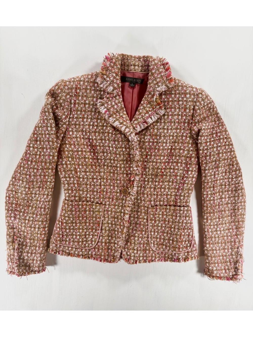 Anne Klein Pink Brown Tweed Fringe Suit Set Jacket Skirt Sz 2 Office Chic